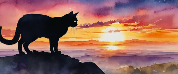 A black cat looking down from a high place. Cat silhouette. Beautiful sunset sky. Illustration in watercolor style.
