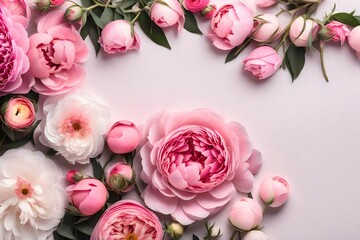 Closeup of pink peony, ranunculus, rose corner frame design with white background