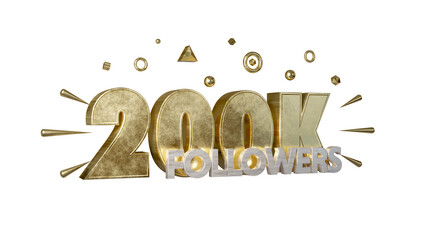 Golden 200k followers celebration online social banner on transparent, realistic gold 3d render.