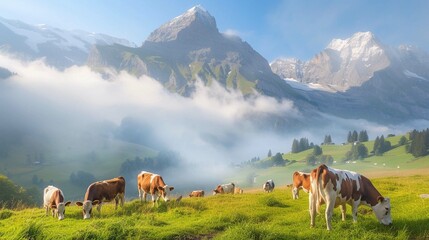 
Cows on a mountain pasture. Misty morning view of Bernese Oberland Alps, Grindelwald village location, Switzerland. 