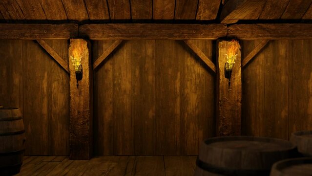 Wall in an old tavern. Torches burn and illuminate the space. 3D animation.
