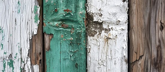 A detailed view of a wooden fence revealing peeling paint and worn-out texture on the surface.