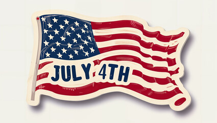 A vintage-style puffy sticker for USA Independence Day with the text "JULY 4TH" and a flag