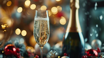 champagne glasses with christmas lights - obrazy, fototapety, plakaty