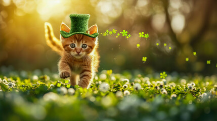 Cute ginger tabby kitten in green leprechaun hat runs through clover leaves. Red-striped orange little cat looking at camera in meadow on sunlight bokeh background. St. Patrick's day concept, cards