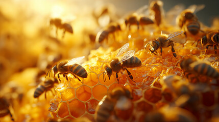 Honey bees store nectar on honeycombs. Wax, perga pollen and honey.