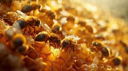 Honey bees store nectar on honeycombs. Wax, perga pollen and honey. - obrazy, fototapety, plakaty