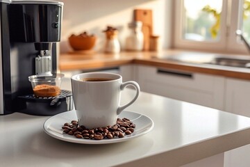 Coffee cup and coffee beans on white table in modern kitchen - obrazy, fototapety, plakaty