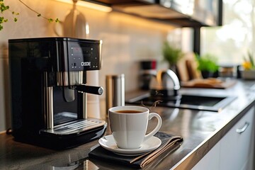 Coffee maker and cup on the countertop in the kitchen