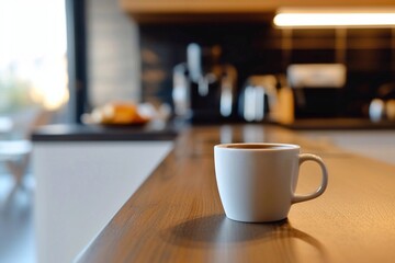 A cup of coffee on a wooden table in the room. Coffee break concept