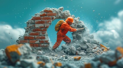 An imaginative scene of a person breaking through a brick wall with a sledgehammer, symbolizing perseverance, determination, and the ability to overcome obstacles in business and entrepreneurship - obrazy, fototapety, plakaty