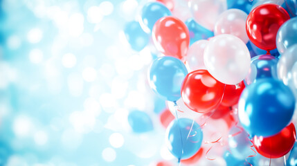 Holiday background with vibrant red, white, and blue balloons cluster against shimmering light blue backdrop with bokeh, capturing the joyous essence of an Independence Day celebration. Copy space - obrazy, fototapety, plakaty