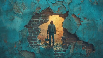 An imaginative scene of a person breaking through a brick wall with a sledgehammer, symbolizing perseverance, determination, and the ability to overcome obstacles in business and entrepreneurship - obrazy, fototapety, plakaty