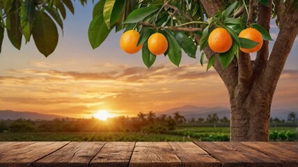 Mango tropical fruit hanging on tree with rustic wooden table and sunset 

