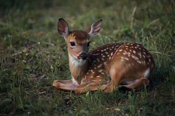 A close-up of a fawn lying on the ground with its front legs positioned, looking directly at the camera.