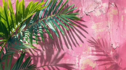 green palm leaves casting shadows on a textured pink background. copy space