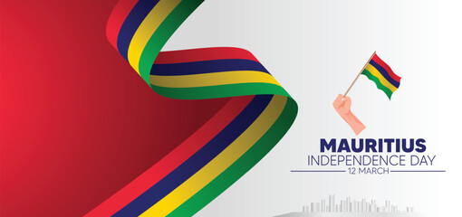Mauritius flag ribbon Independence Day 12 March vector poster