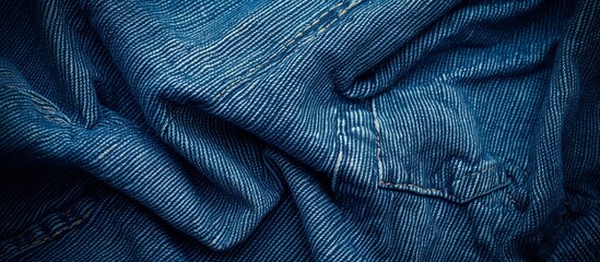 A macro photograph capturing the texture and darkness of electric blue denim jeans, highlighting the woven fabric and pocket detail.