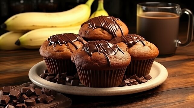 Chocolate Muffins With Slices Of Banana And Chocolate Icing