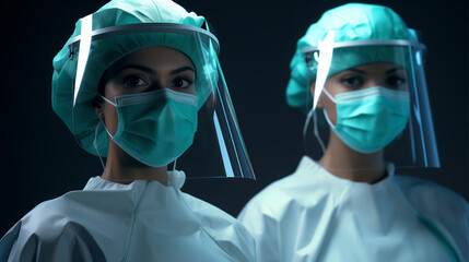 Fototapeta na wymiar Two nurses in medical attire with masks, are depicted in a clear, high-quality style.