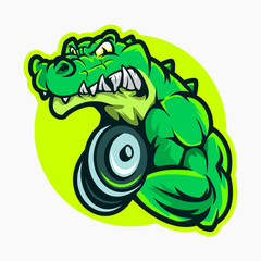 crocodile bodybuilder with dumbbell gym mascot logo
