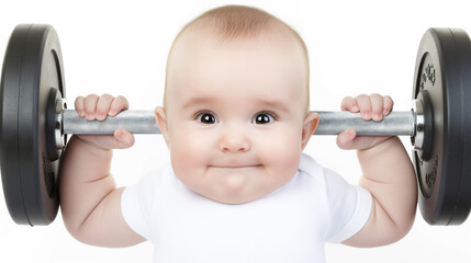 Muscular emotional child lifting barbell