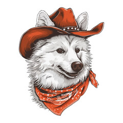 American Eskimo Dog Head wearing cowboy hat and bandana around neck