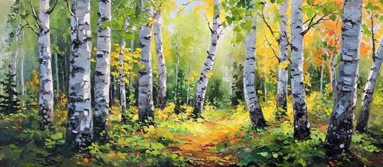 A natural landscape painting featuring a forest with birch trees, a path, and lush grass. The artwork captures the beauty of nature's terrestrial plants and the tranquility of a woodsy biome.
