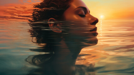 Captivating sunset reflection with a flipped woman, hyper-realistic, dreamlike, and serene