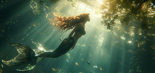 A mermaid swimming underwater with a magnificent tail illuminated by light rays. Concept: magic and mystery of the ocean depths, mythical creatures of the depths - obrazy, fototapety, plakaty