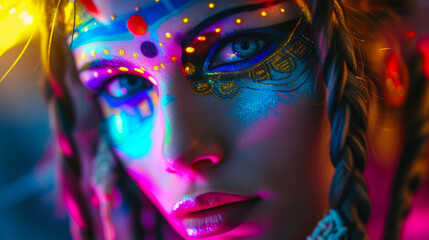 Naklejka premium Ethereal Neon Portrait: Woman Adorned with Tribal Facepaint in Cinematic Hue