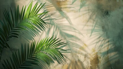 palm leaves casting shadows on a textured background. copy space