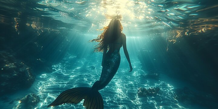 A mermaid swimming underwater with a magnificent tail illuminated by light rays. Concept: magic and mystery of the ocean depths, mythical creatures of the depths - Powered by Adobe
