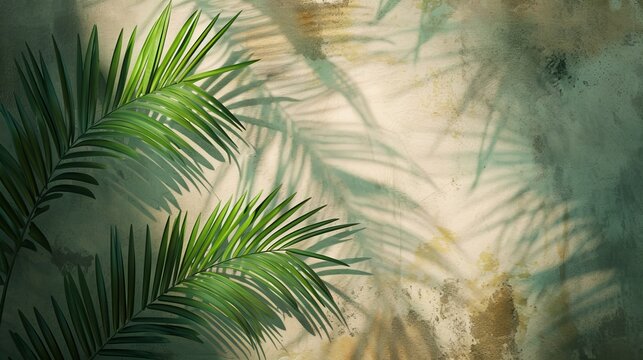 palm leaves casting shadows on a textured background. copy space