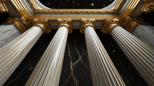 Opulent Reverie: Gilded Columns Amidst Midnight Skies