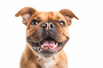Obraz premium Wide-angle shot of a joyful French Bulldog laughing with a big smile, tongue out, isolated on a white background.