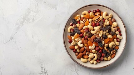 
Mixed nuts and dried fruits in a plate on a light concrete background. 