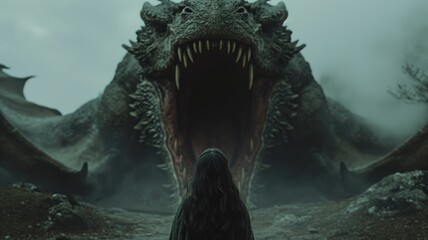 Colossal dragon with dark rugged scales and sharp teeth. Fantasy theme. Dragon's mouth wide open roaring or preparing unleash fiery breath. Princess encounter with scary creature. Epic fairytale scene - obrazy, fototapety, plakaty