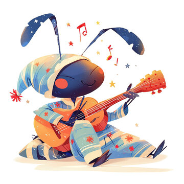 Cute Cartoon Ant Playing Guitar in a Hat and Starry Night Sleepwear, for t-shirts, Children's Books, Stickers, Posters. Vector Illustration PNG Image