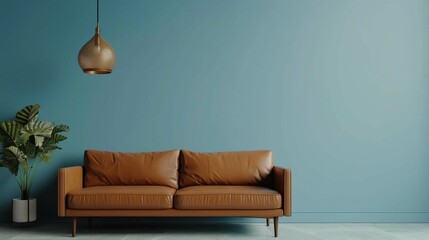 
Modern living room interior with a brown leather sofa against a blue wall and a stylish hanging gold lamp.