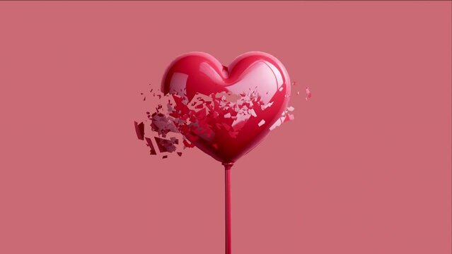 exploding red heart-shaped lollipop on a pink background