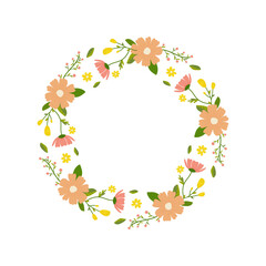 Floral round frame, ornament, spring colors. On white isolated background. For your postcard design, invitations, congratulations
