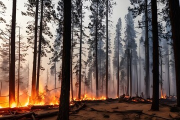 Devastating Forest Fire: Burned Trees, Wildfire, Pollution, and Smoke