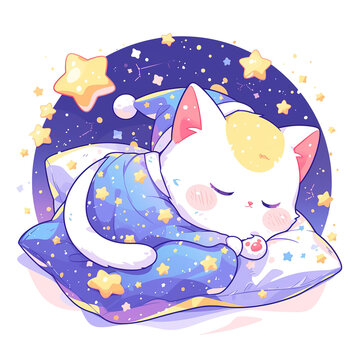 Cute Cartoon Cat Sleeping in a Hat and Starry Night Sleepwear, for t-shirts, Children's Books, Stickers, Posters. Vector Illustration PNG Image