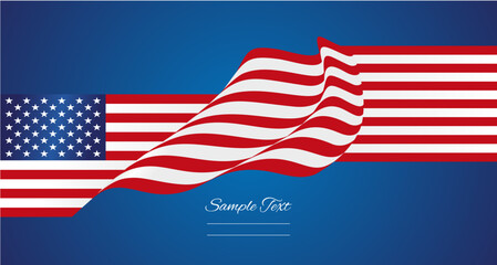 Flat USA flag converted into a wavy flag first then to flat again. Banner, poster, greeting card for USA holidays on blue background