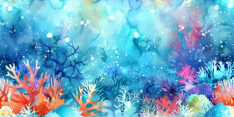 Obraz na płótnie Canvas Vibrant watercolor painting of a coral reef in shades of blue and red, depicting an abstract underwater scene. Blue ocean wallpaper.