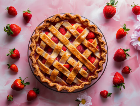 Image of baked strawberry pie seen from above on a cute setting, dark colors wallpaper, kitchen or bakery wallpaper 