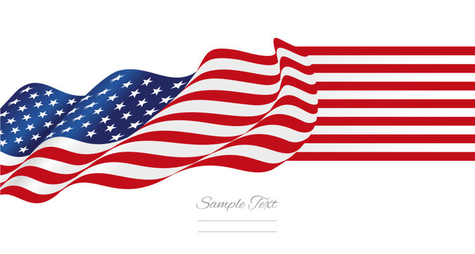 Wavy USA flag transformed into a flat flag. USA holiday landscape banner on white background