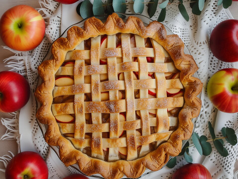 Image of baked apple pie seen from above on a cute setting, kitchen or bakery wallpaper 