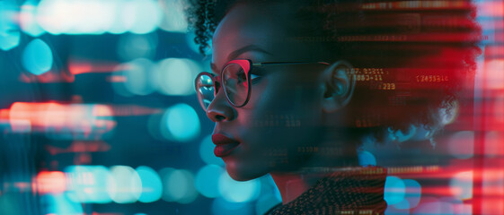 African American woman amidst neon data streams